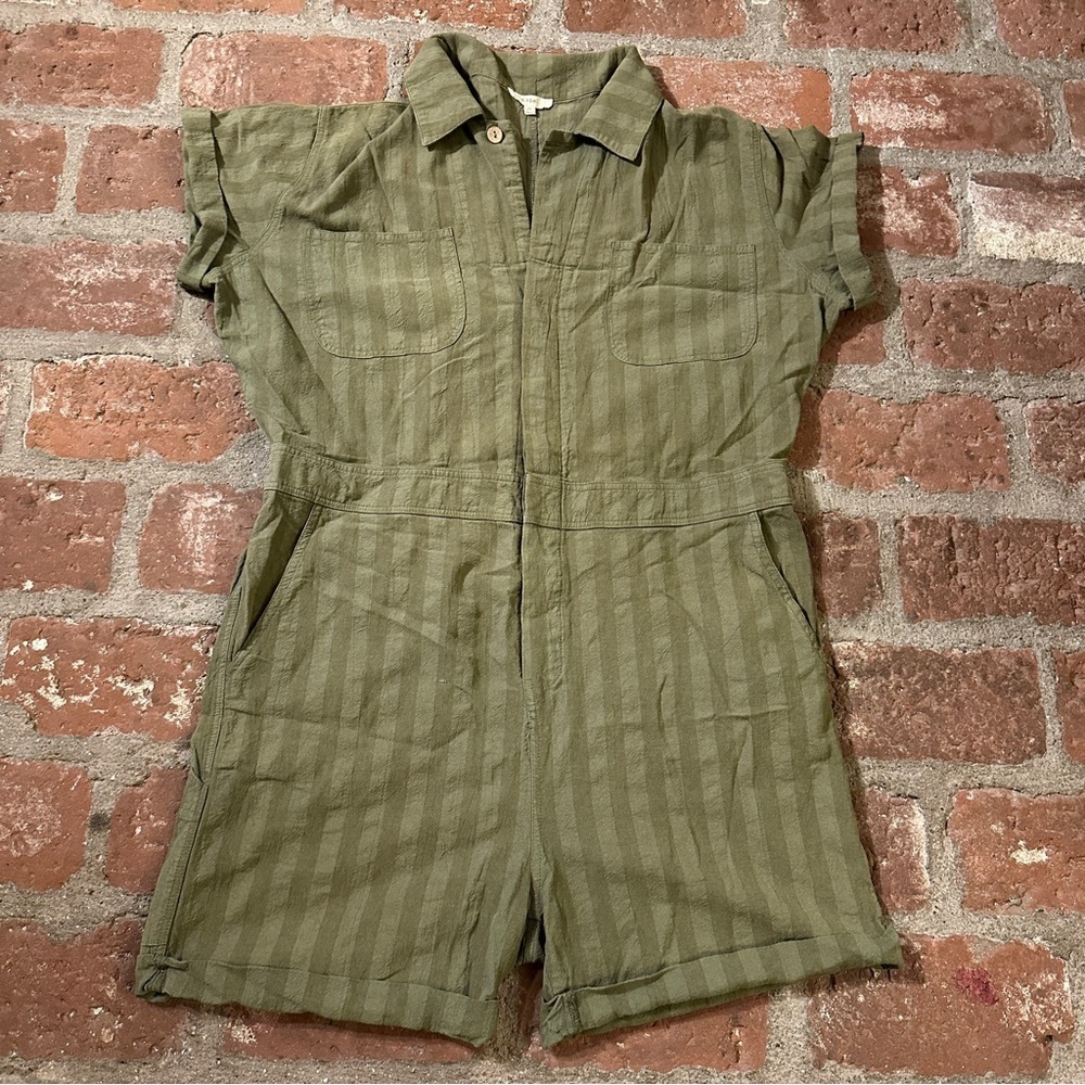 Easel Safari Utility Military Cotton Romper Jumpsuit Olive Green Striped Medium - Picture 1 of 15